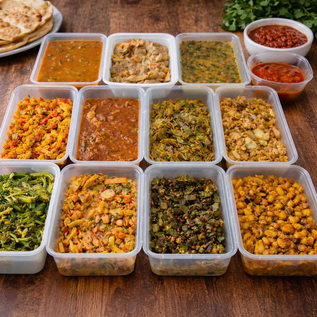 Variety of fresh homemade Indian meals prepared by Bhijams cooks